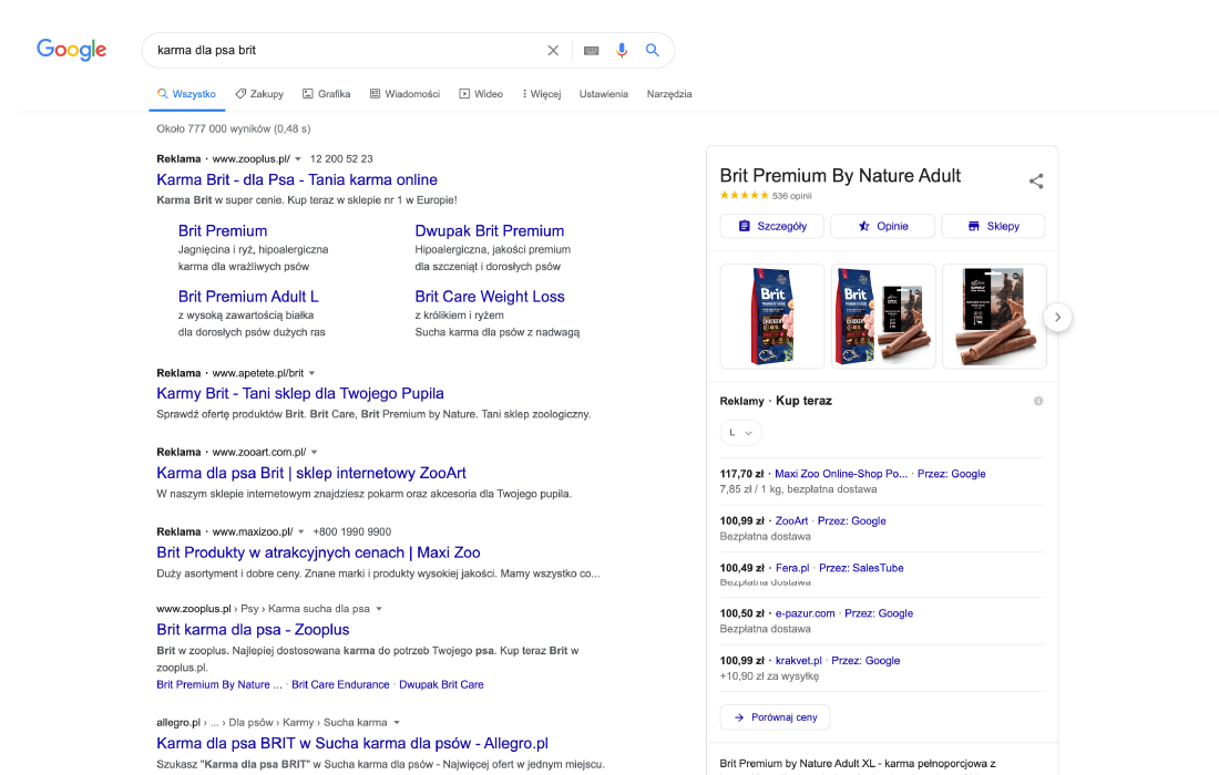Linki sponsorowane i reklamy Google Shopping - przykład