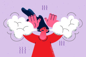 Ilustracja przedstawiająca kobietę, której dym ucieka z uszu