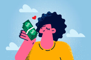 Ilustracja przedstawiająca szczęśliwą, młodą kobietę, która trzyma plik banknotów