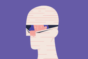 Ilustracja przedstawiająca głowę owiniętą bandażem ze środka której wygląda przestraszona osoba z niebieskimi włosami