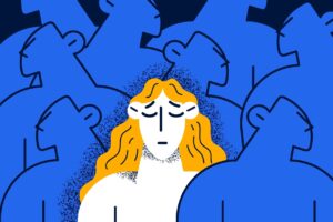 Komiksowa grafika przedstawiająca smutną kobietę na tle niebieskiego tłumu